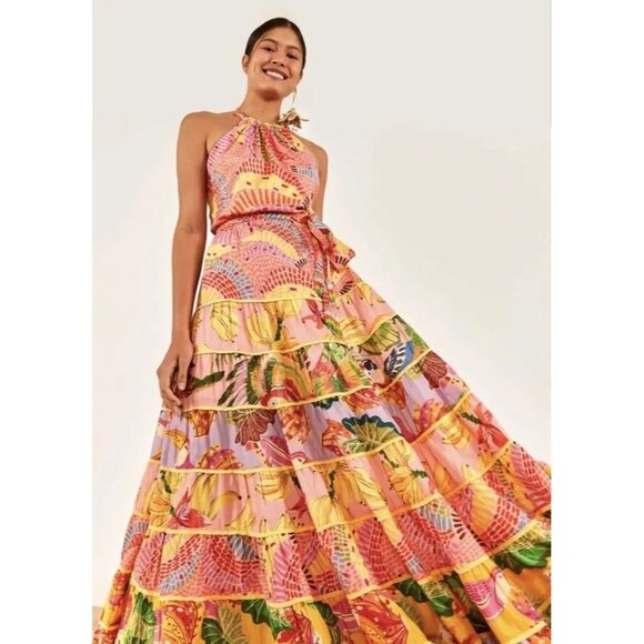 FARM Rio Maxi Dress XL Mixed Prints Floral Tiered Strappy Halter Pink - Picture 5 of 16